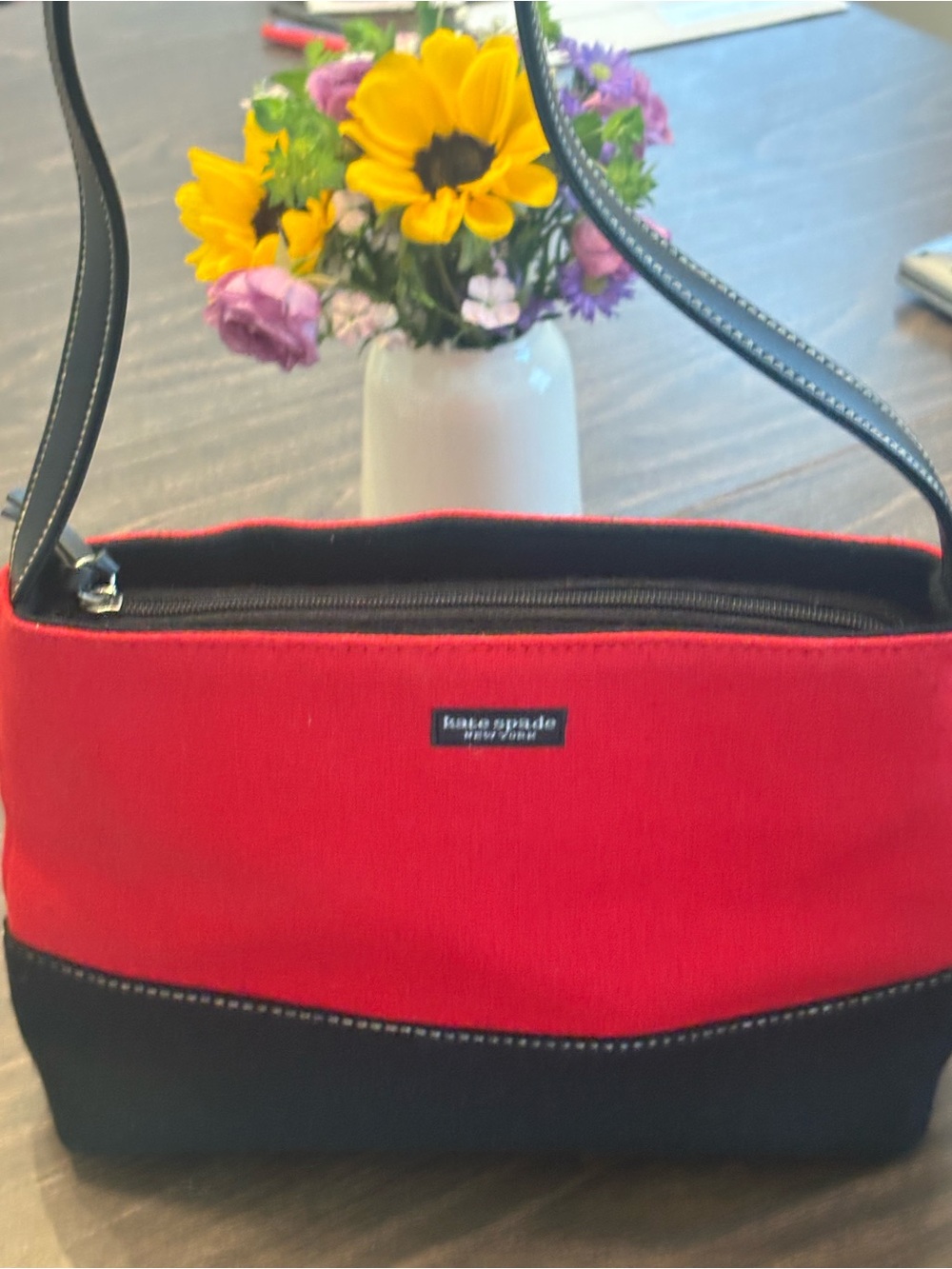 Vintage Kate Spade New York Red Black Felted Wool Tote Gingham Lining Y2K